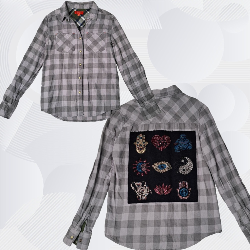 Butter Super Soft Flannel Shirt Kids Large Grey Plaid Rhinestone Spiritual Patch